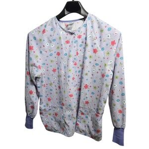 Happy Scrubs by UA Womens Purple Gingham Floral Snap Front Scrub Jacket Medium